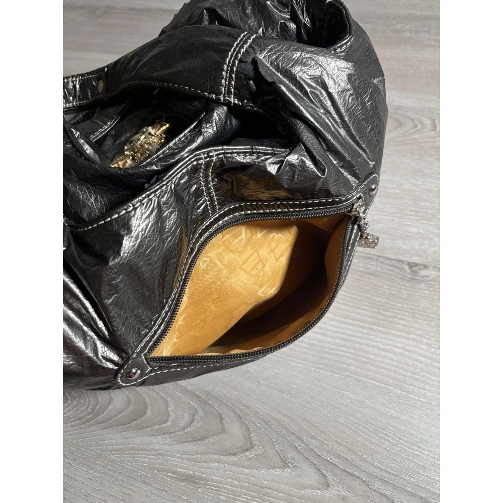 Kathy Van Zeeland Metallic Pewter Crinkle Hobo Bag Crowned Heart Y2K Style 90s
